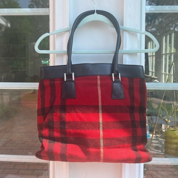Burberry Nova Check Wool Plaid Leather Tote - Picture 5 of 9